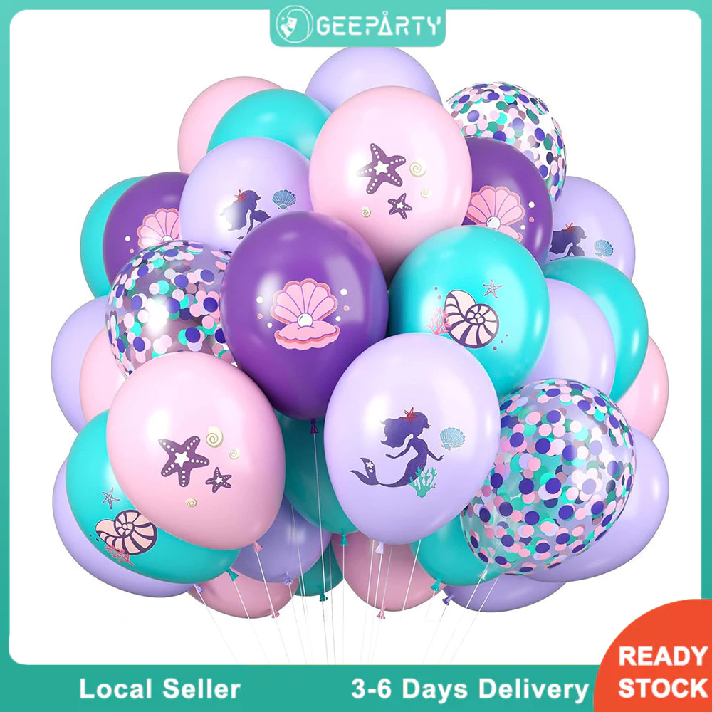 GeeParty ชุดลูกโป่งสีม่วงพาสเทล สีฟ้า และสีเขียวมิ้นท์ 42 ชิ้น ธีมนางเงือก ตกแต่งปาร์ตี้วันเกิด ของตกแต่งวันเกิดเด็ก