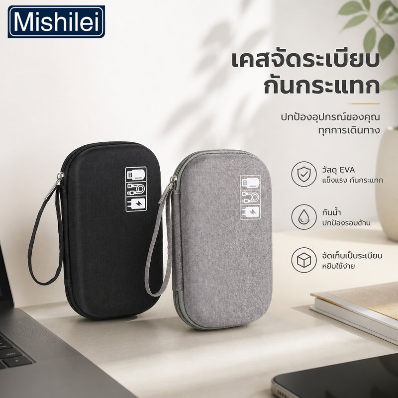 Mishilei กระเป๋าจัดเก็บอุปกรณ์ดิจิตอล EVA เปลือกแข็ง กันน้ำ แบบพกพา ช่องแยก สายชาร์จ หูฟัง