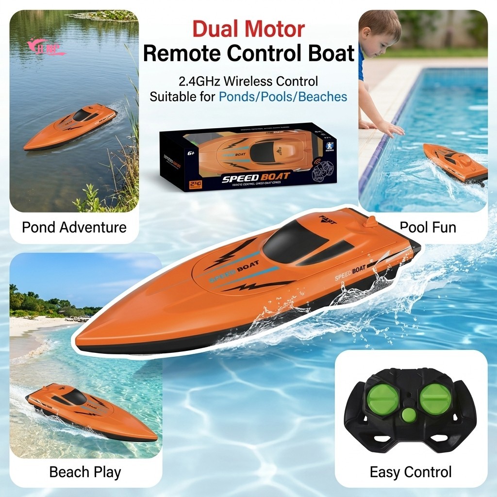 2.4GHz Dual Motor รีโมทคอนโทรล Speedboat ของเล่นพลาสติกกันน้ํา RC เรือสําหรับเด็ก Pools Lakes