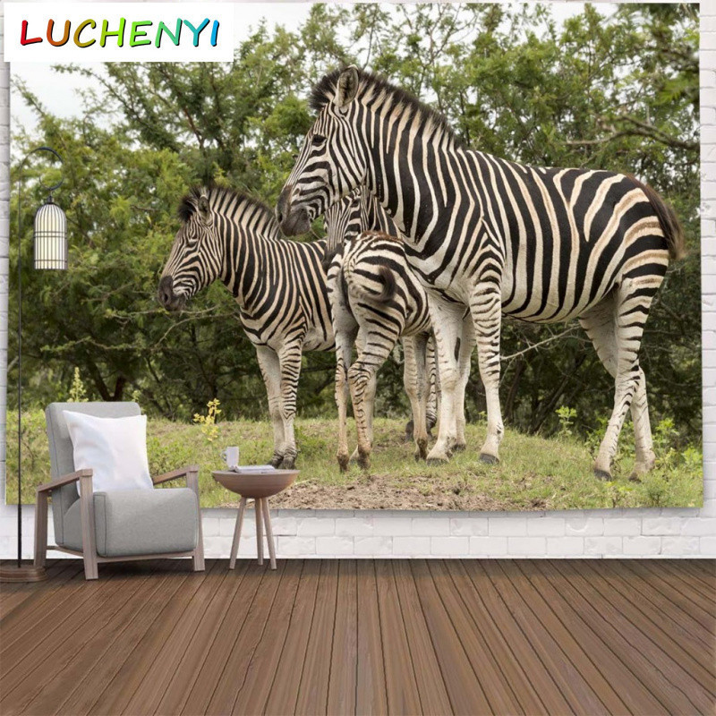 ขนาดที่กําหนดเองภาพจิตรกรรมฝาผนัง Zebra ครอบครัวสีเขียว Bush ทุ่งหญ้า Wildlife ธรรมชาติฉากหลังสัตว์ว