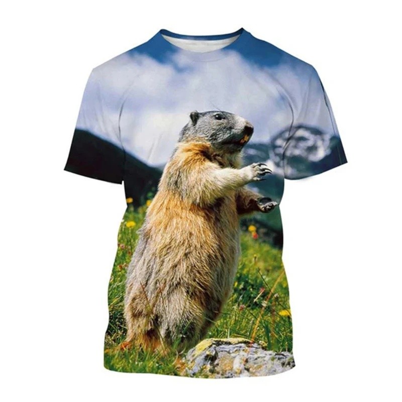 เด็ก 3D Marmot แขนสั้น O คอขนาดใหญ่ Fit สําหรับโรงเรียนกลางแจ้งฤดูร้อนทุกวันเด็ก Casual Outings