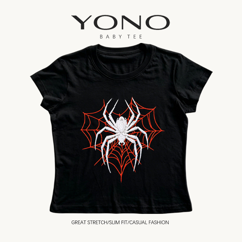 (พร้อมส่ง24ชม.) YONO baby tee สีดำ ลายแมงมุมสีขาวกับใยสีแดง ทรงเข้ารูป สไตล์โกธิค y2k