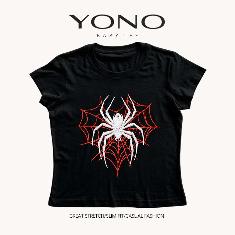 (พร้อมส่ง24ชม.) YONO baby tee สีดำ ลายแมงมุมสีขาวกับใยสีแดง ทรงเข้ารูป สไตล์โกธิค y2k
