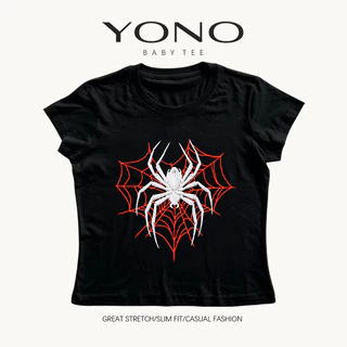 (พร้อมส่ง24ชม.) YONO baby tee สีดำ ลายแมงมุมสีขาวกับใยสีแดง ทรงเข้ารูป สไตล์โกธิค y2k
