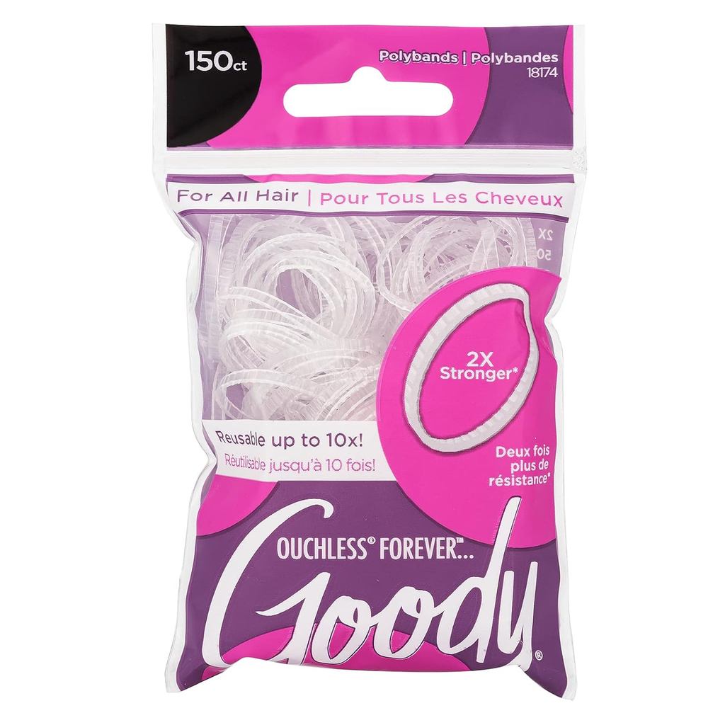 Goody Ouchless Forever Polyband Hair Ties, 150 Ct, Clear, Elastic, Glide Easy, Ultra-Strong Hold อุป