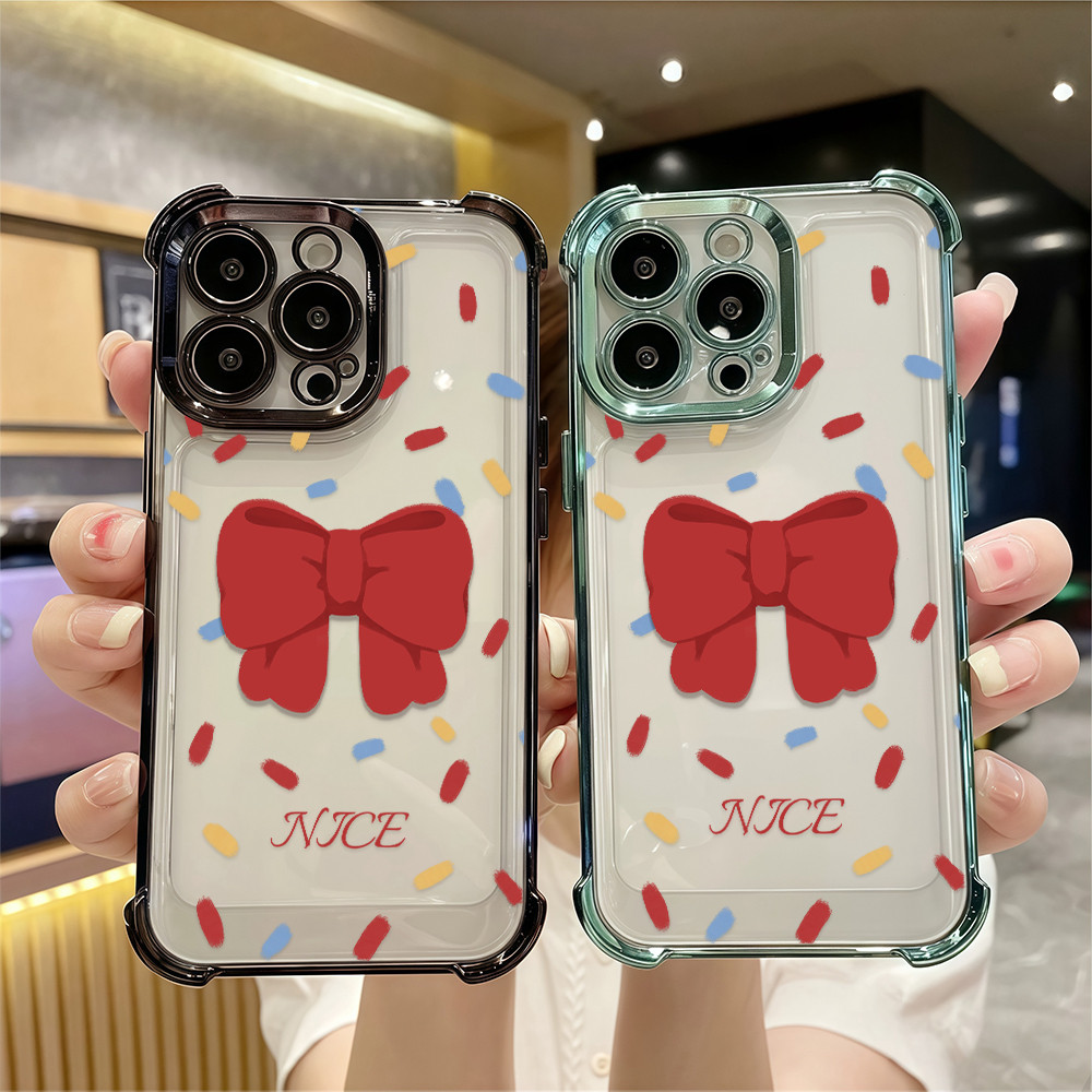 ลายโบว์แดงใหญ่ เคส Samsung A22/A25/A56/A73/A074G/S24ULTRA5G 5G หรูหราเคสโทรศัพท์โปร่งใสป้องกันการตกส