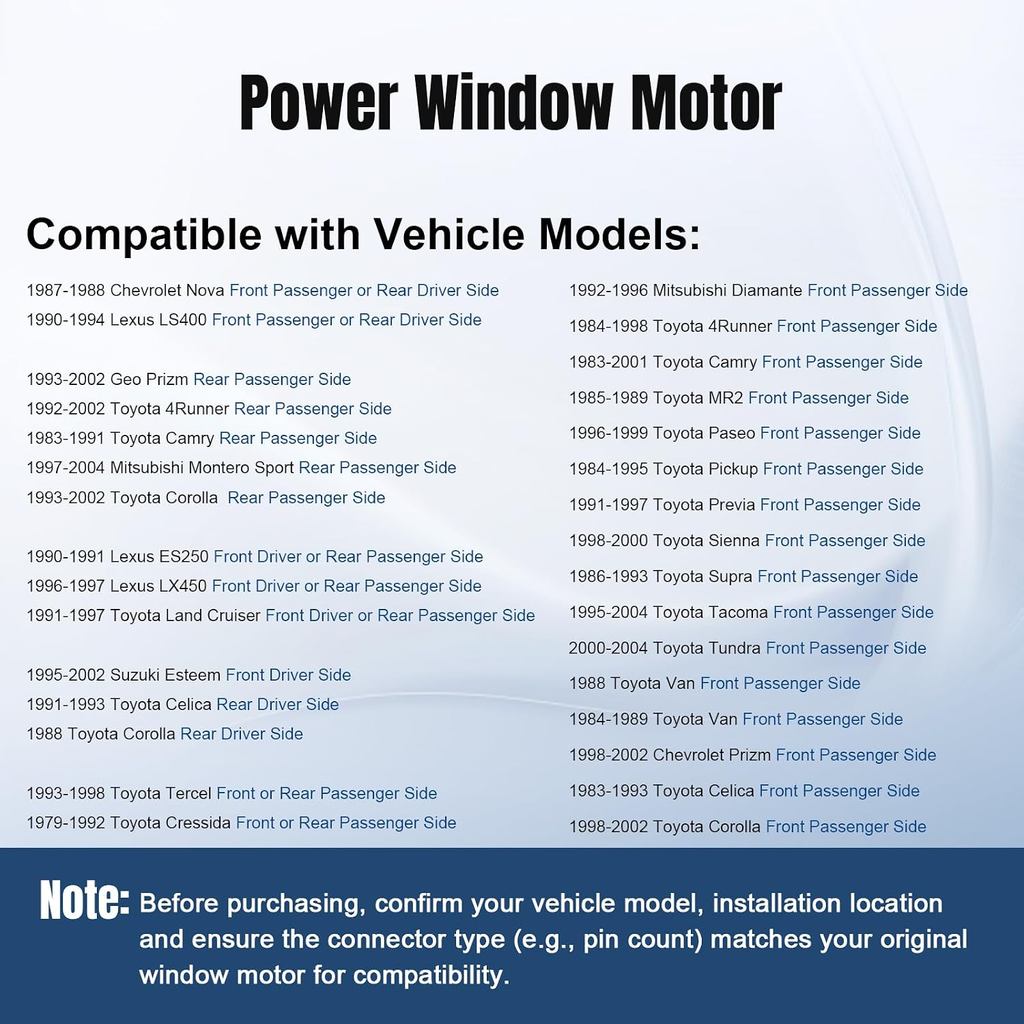 ผู้โดยสารขวาด้านข้าง Power Window Lift มอเตอร์ 742-601 ใช้งานร่วมกับ 1979-2004 Toyota Camry Corolla 