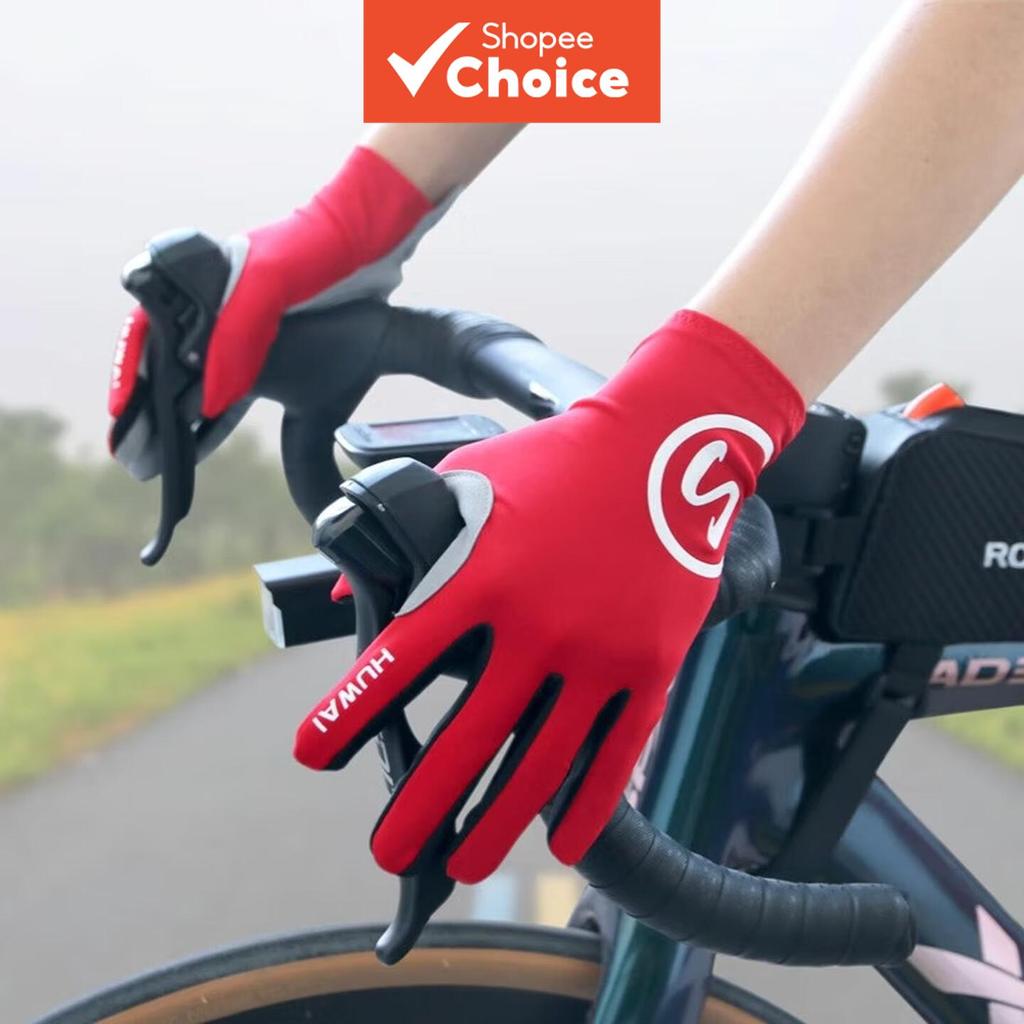 ถุงมือปั่นจักรยานกลางแจ้ง Unisex Full Finger ฤดูใบไม้ผลิฤดูร้อนบางจักรยานเสือภูเขาฟิตเนส Breathable Shock Absorption ทนต่อการสึกหรอ Touchscreen สีแดง