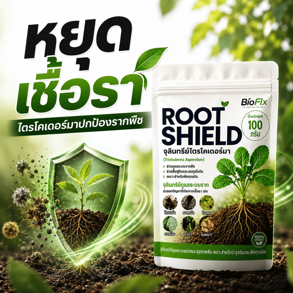 BioFix Root Shield 100g จุลินทรีย์ไตรโคเดอร์มา หัวเชื้อ กันราก โคนเน่า ใบหงิก แคงเกอร์ ใบจุด ไม้ด่าง