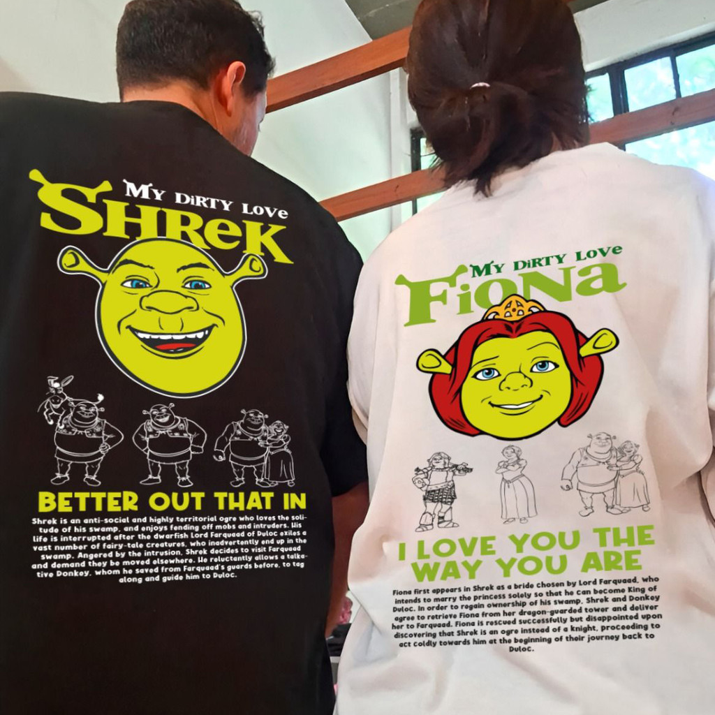 เสื้อยืด T-SHIRT คู่รัก SHREK FIONA My Dirty Love ดีไซน์พิมพ์หลัง คอกลมแขนสั้น ผ้าฝ้าย สำหรับผู้ชายแ