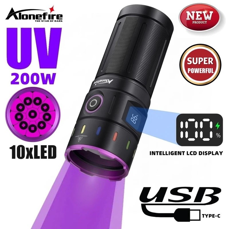 ขายร้อนของแท้เดิม 200W 10x LED 365nm UV ไฟฉาย High power Blacklight ไฟฉาย USB ชาร์จสัตว์เลี้ยงปัสสาว