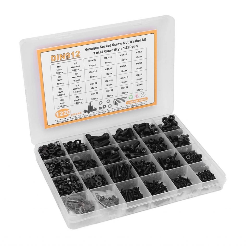 【Premium】1220pcs hex socket socket screw nut washer carbon steel สีดำ m2 m3 m4 m5 พร้อม spacers สำหร