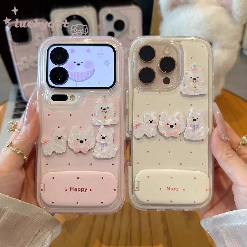 3D DIY Bow Puppies เคสโทรศัพท์คู่ + ขาตั้งกระจก iPhone 17 16 15 14 13 12 11 Pro Max