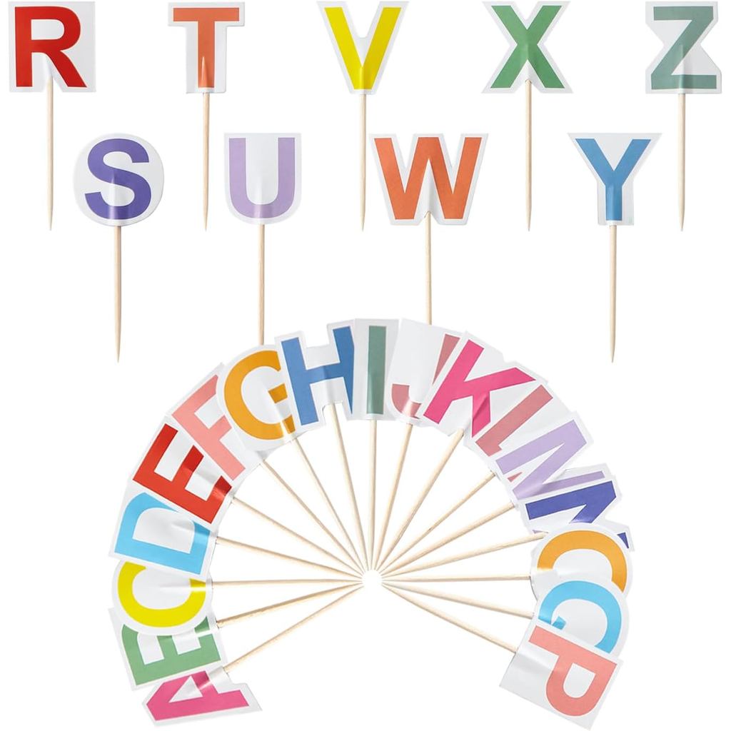 104 ชิ้นมินิตัวอักษรไม้จิ้มฟันธงตกแต่งสี AZ Party Theme 26 ตัวอักษร Cupcake Toppers ค็อกเทลอาหารธงตก