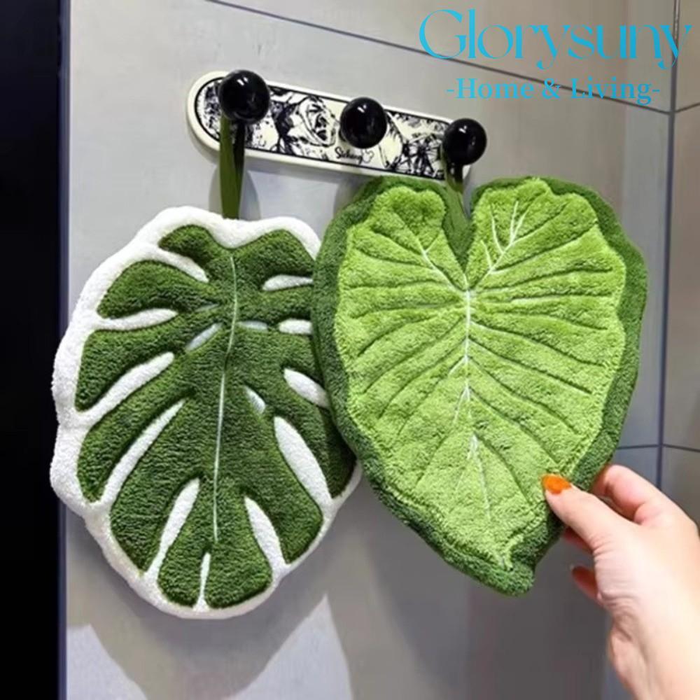 GLORYSUNY ผ้าเช็ดมือ,หนาดูดซับน้ําผ้าเช็ดหน้าห้องครัวคุณภาพสูงแขวนปะการังกํามะหยี่การ์ตูน Leaf Hand Wipe Kitchen