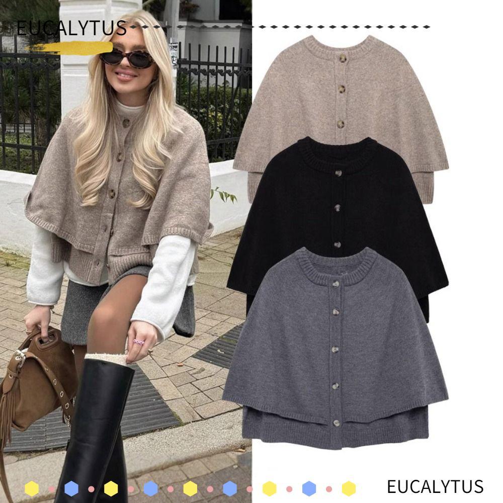 EUCALYTUSTH Cape Design Coat, Breasted Style O Neck Braided Jacket, Casual Short Solid Color Chic Ca