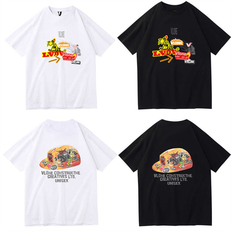 [มีจําหน่าย] เสื้อยืดแขนสั้น VLONE Vlone Flame Skull สําหรับผู้ชายและผู้หญิง เสื้อผ้าคู่ เสื้อคอกลม 