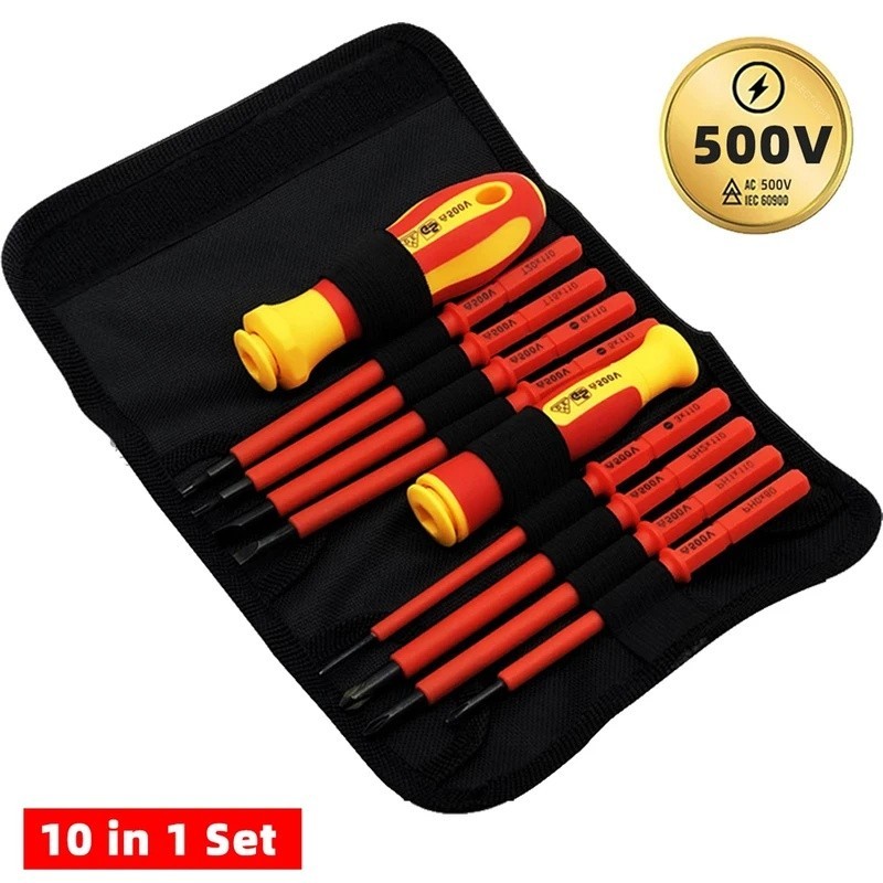 10 ชิ้น VDE ไขควงหุ้มฉนวนชุดแม่เหล็ก 500V เครื่องมือช่างไฟฟ้าพร้อมกล่อง