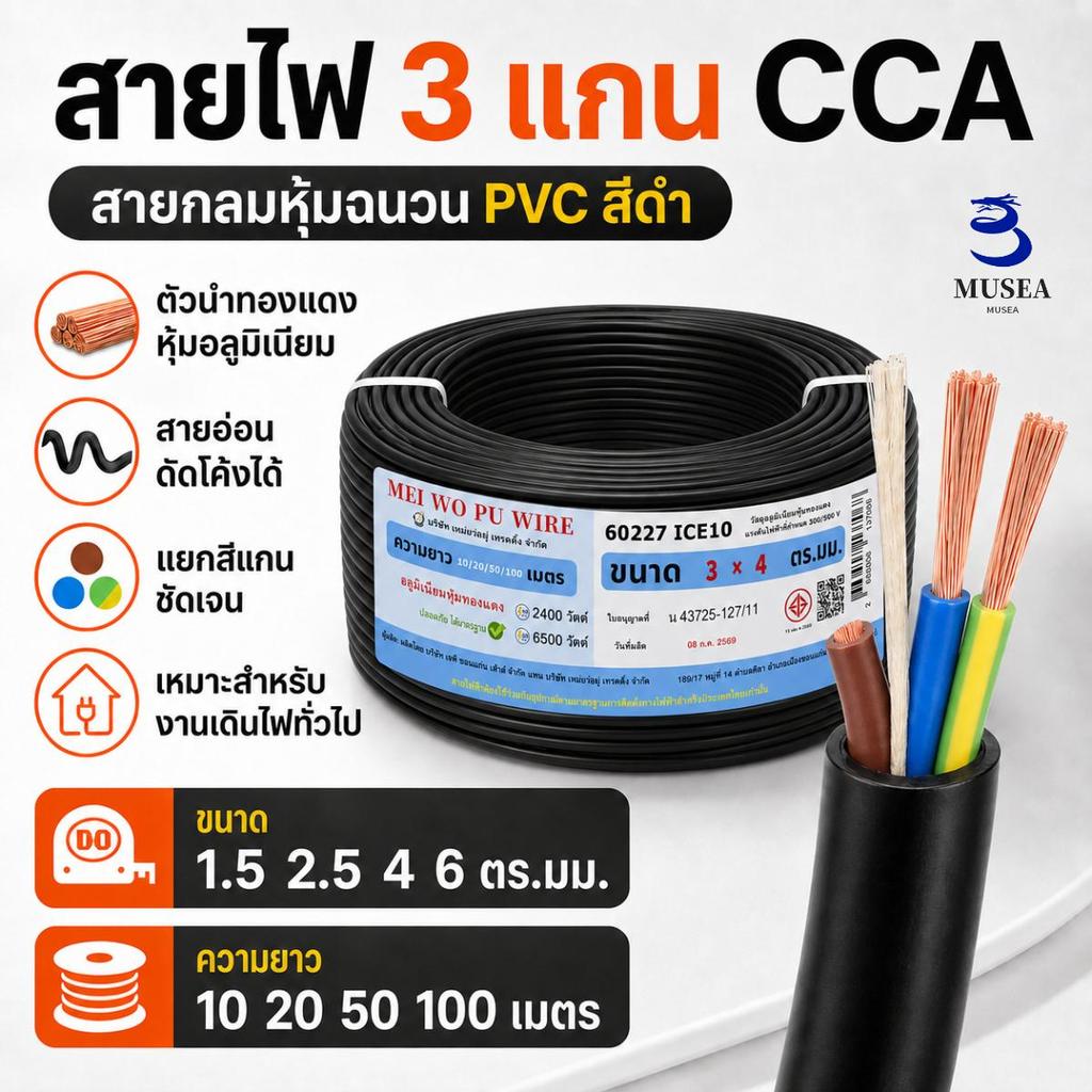 สายไฟกลม 3 แกน CCA สีดำ แบบอ่อน ยืดหยุ่นสูง ขนาด 1.5 2.5 4 6 ตร.มม. ความยาว 10 20 50 เมตร