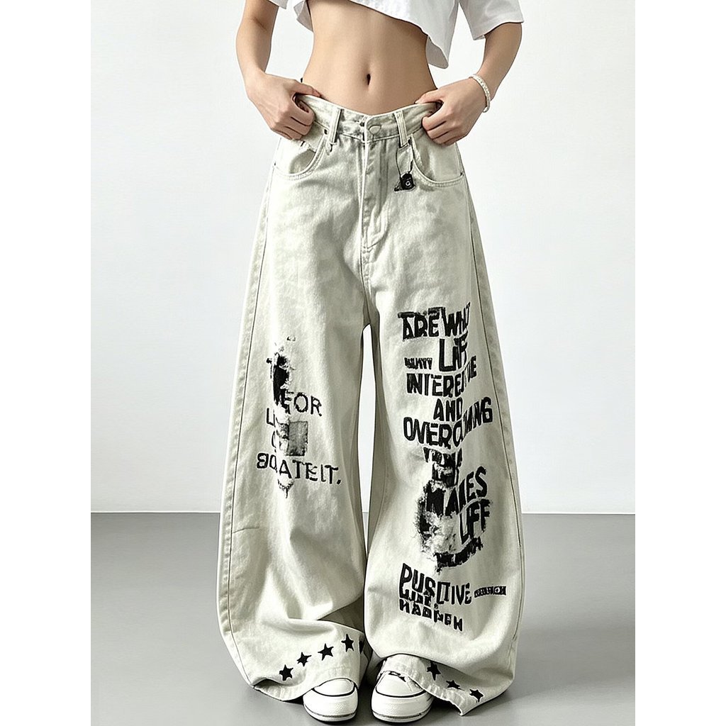 Lei Songran สไตล์เดียวกัน LAMLICKA สัตว์ Graffiti กางเกงยีนส์สีเทาขากว้างหลวม Retro ล้างสไตล์อเมริกันตรง