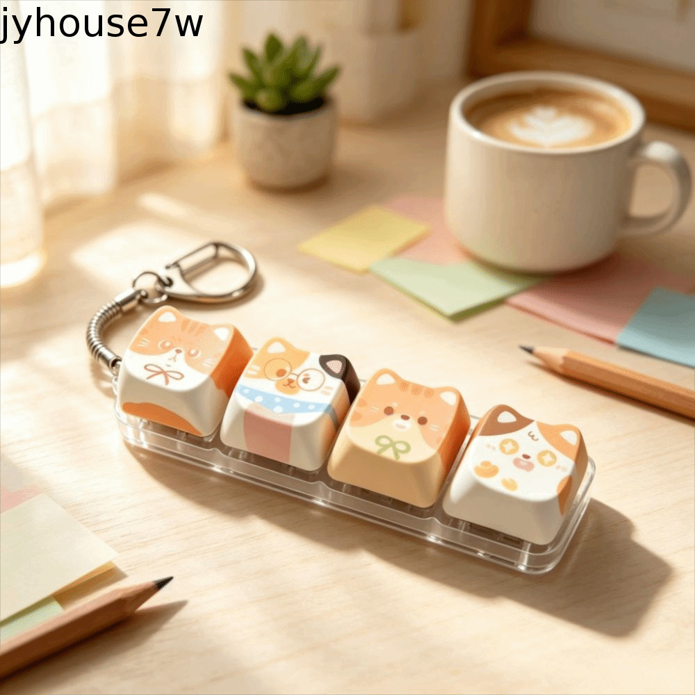 JYHOUSE Cat Fidget Clicker พวงกุญแจ, Finger-Tip กดปุ่มแมวน่ารักคีย์บอร์ดพวงกุญแจ, Fidget ของเล่น Creative 4-Key Kawaii Keycap พวงกุญแจแหวน