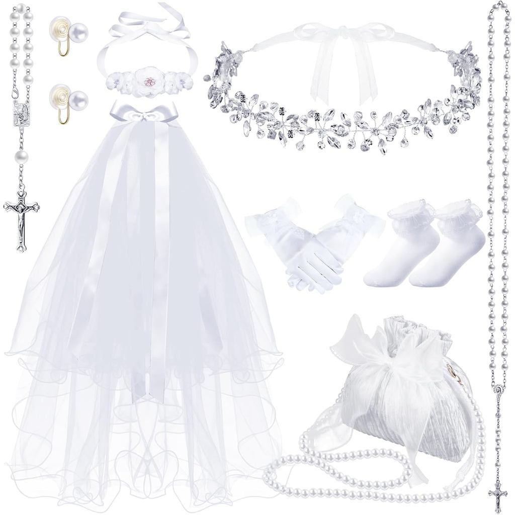 Quelay 9 ชิ้น First Communion Veil ชุดสําหรับสาวคาทอลิก 1st Communion Veil อุปกรณ์เสริมพวงหรีด Headp