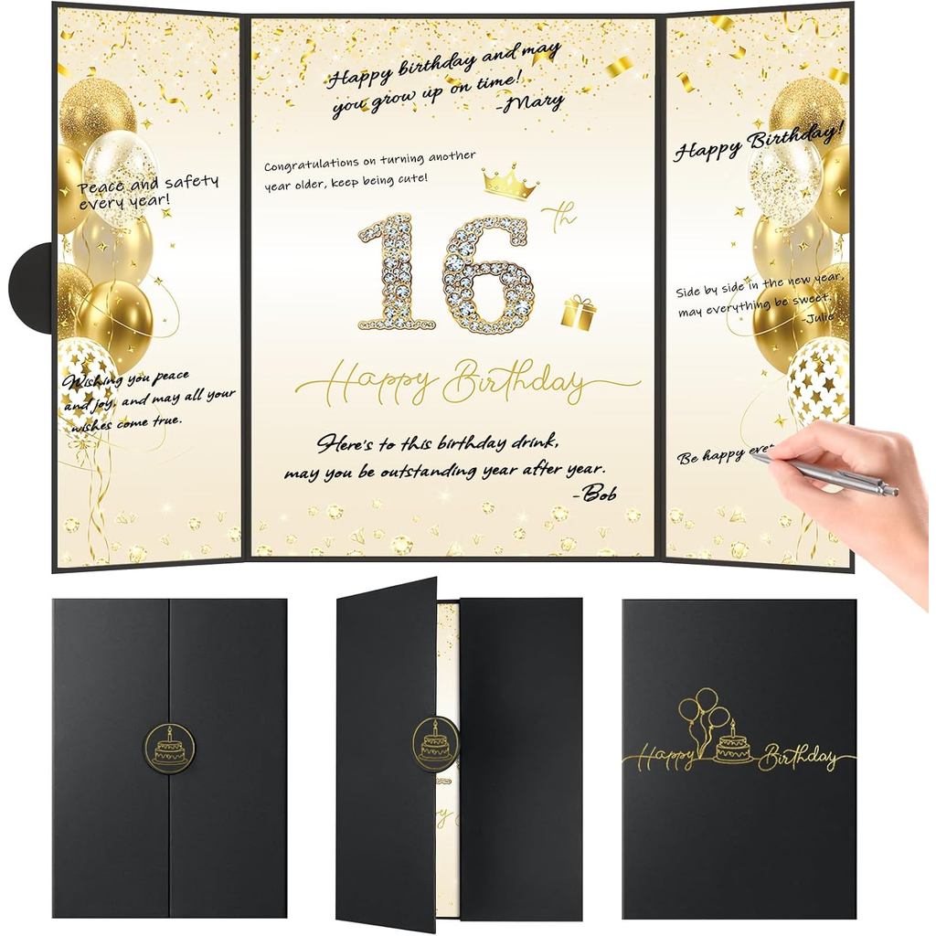 สีดําทอง 16th ตกแต่งงานเลี้ยงวันเกิด, Creative Guest Sign ในหนังสือทางเลือก, 18 "x12" วันเกิดการ์ดขอ