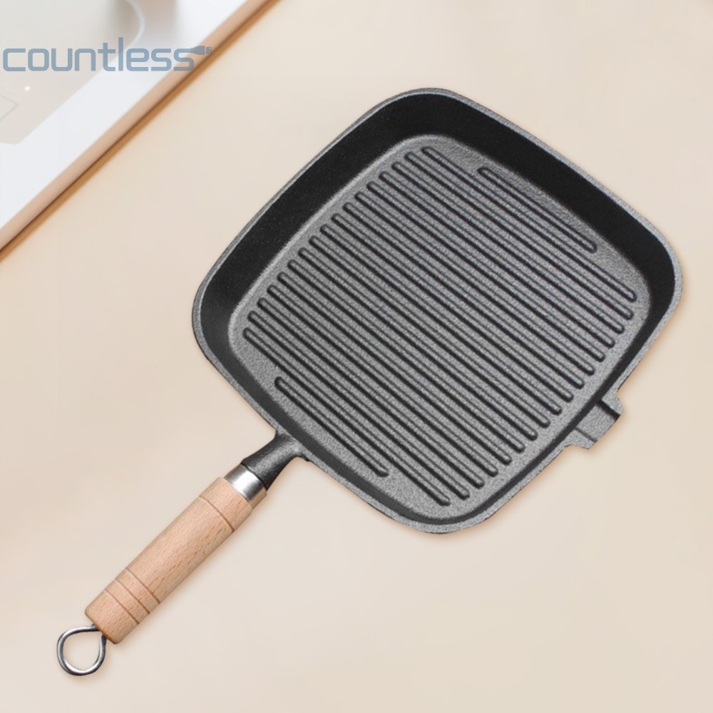 Iron Skillet กระทะสเต็กด้ามไม้ไม่เคลือบไม่ติดกระทะทําอาหารหม้อสเต็ก Skillet บ้านเครื่องครัว