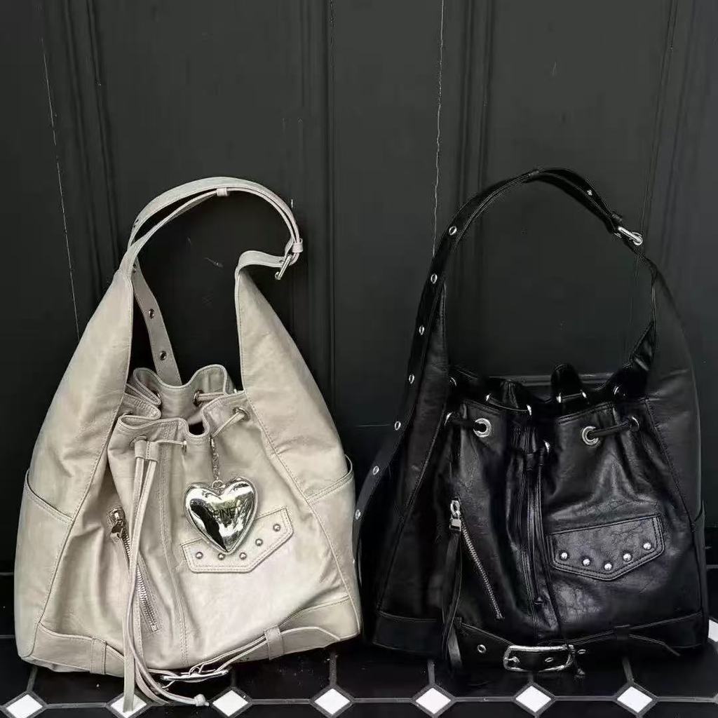 Deinet Korean retro crossbody bag with drawstring, large capacity biker bag with belt buckle and riv