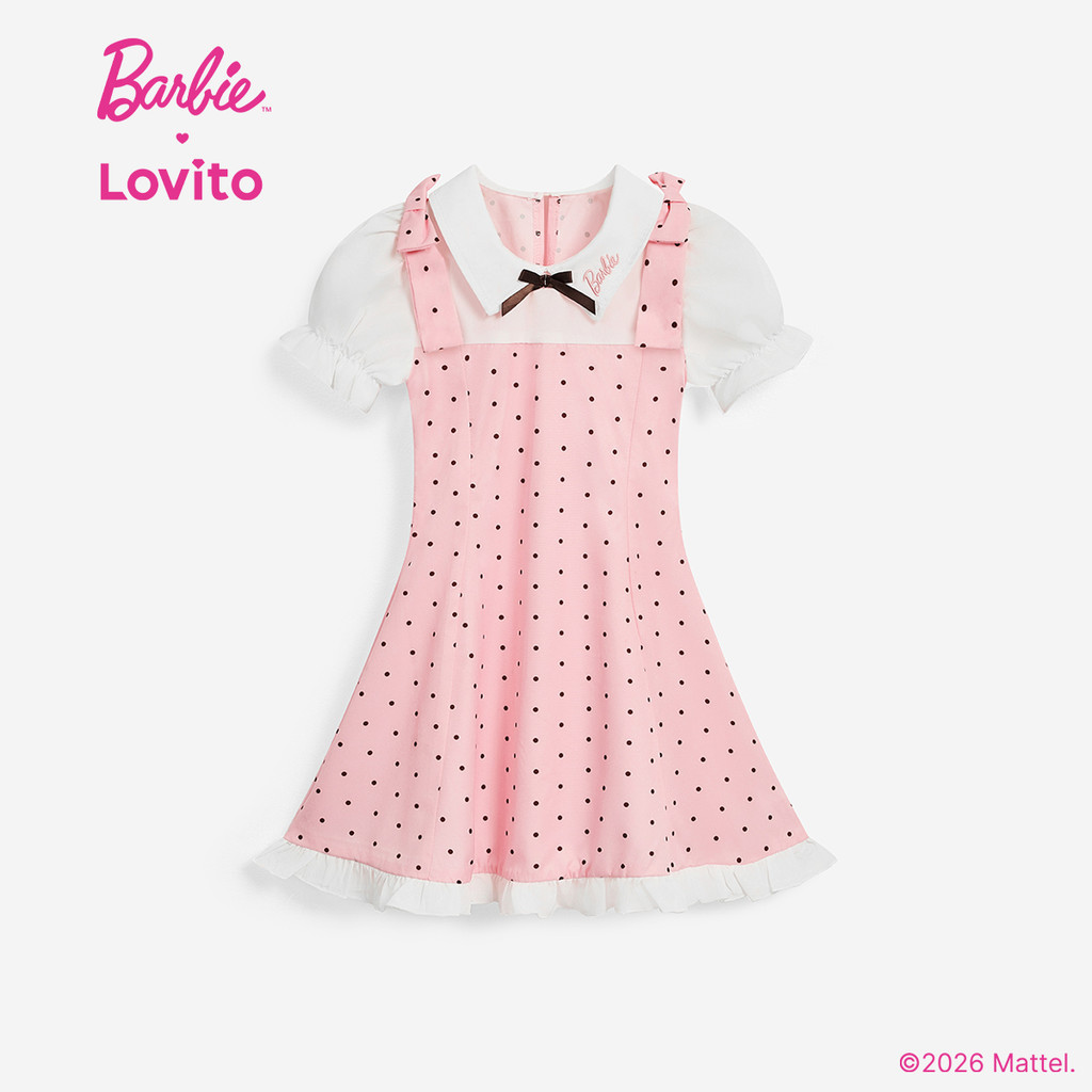 Barbie × Lovito Kids فستان بنات وردي منقط مطرز — صورة 4