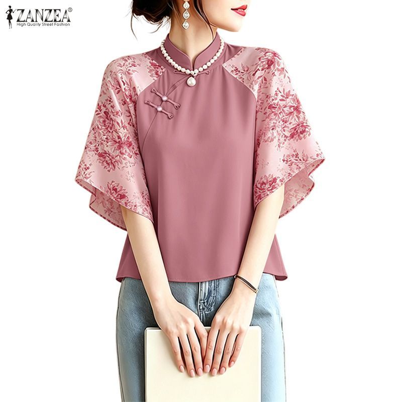 ZANZEA Womens Korean Casual Stand-Up Collar 3/4 Sleeve Loose Floral Print Patchwork Shirts