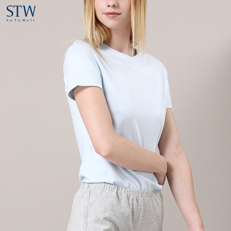 STW เสื้อยืดแขนสั้นผู้หญิง Modal ไร้รอยต่อรอบคอหลวมสีขาวบริสุทธิ์ Bottoming ไหล่ด้านบนลําลองผู้หญิงฤ
