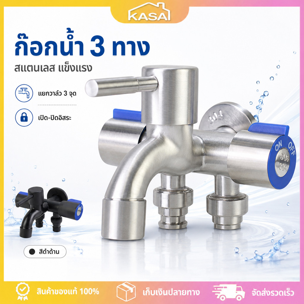 ก๊อกน้ำ 3 ทาง สแตนเลส SUS304 สีเงิน/ดำ ก๊อกน้ำอเนกประสงค์ วาล์วมุม อ่างล้างหน้า อ่างล้างจาน เครื่องซักผ้า ไม่เป็นสนิม