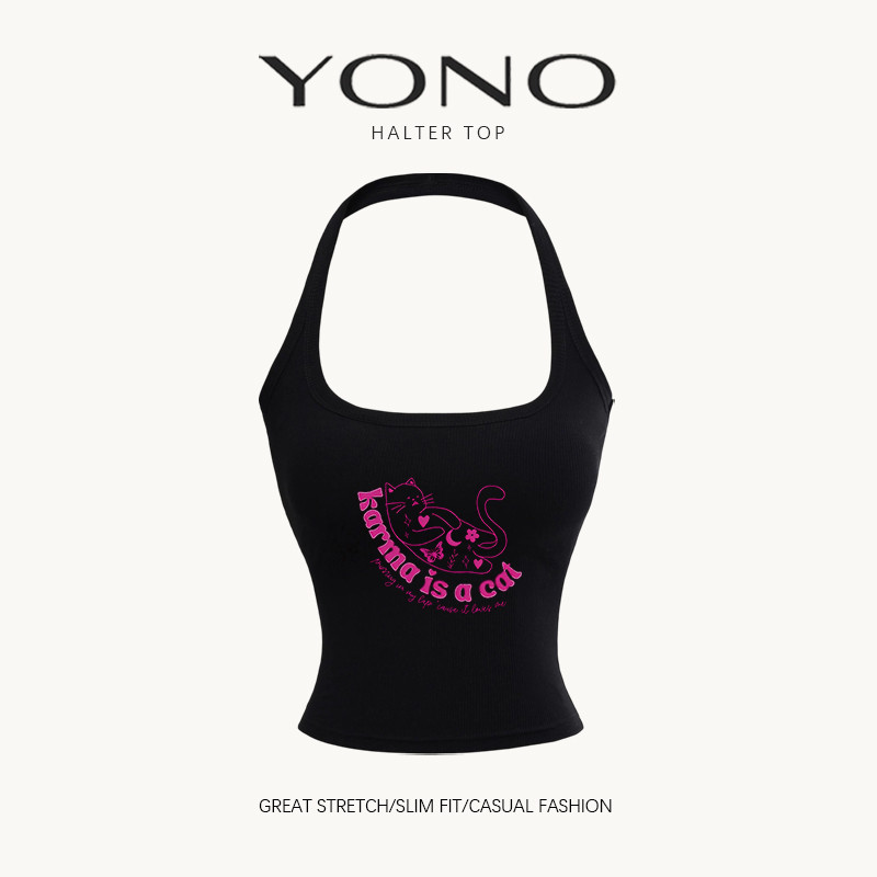 (พร้อมส่ง24ชม) YONO เสื้อคล้องคอผู้หญิง Halter Top ลาย Karma is a cat แมว ทรงเข้ารูป สไตล์ Y2K น่ารั