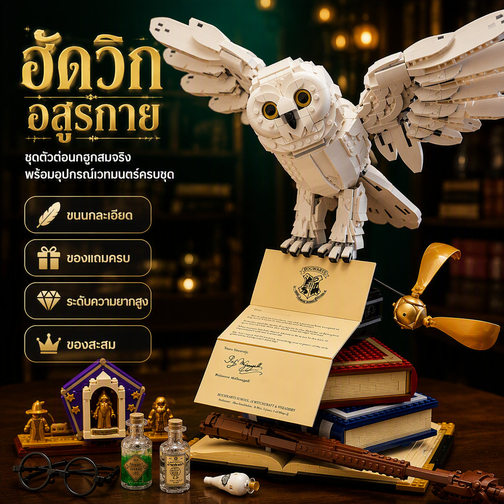 โมเดลนกฮูกฮูเดอวีจากแฮร์รี่พอตเตอร์ ชุดต่อบล็อก 4995 ชิ้น ฮอกวอตส์ ของเล่นสะสมสำหรับแฟนหนัง เด็กชาย