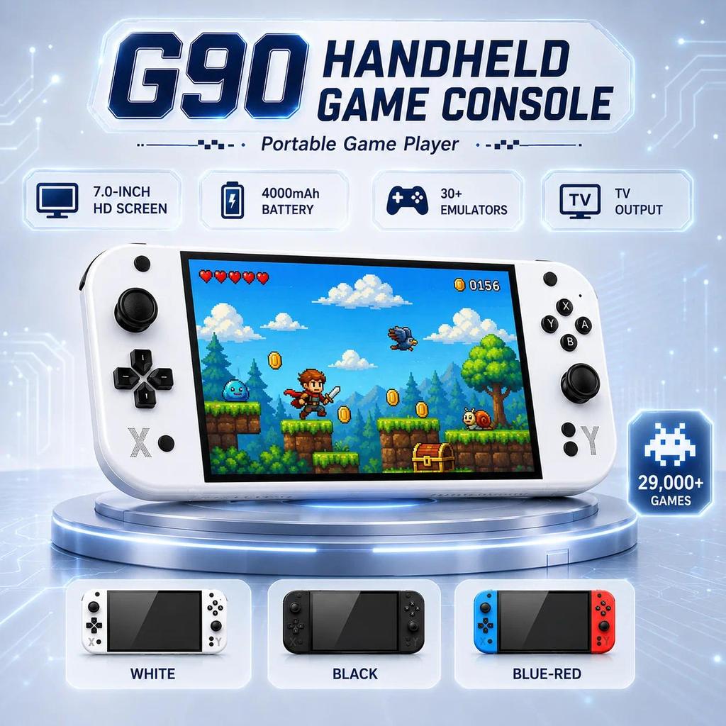 G90 เกม console หน้าจอ 7 นิ้ว 4K HD IPS เครื่องเล่นเกมพกพาแบบย้อนยุค 90 รองรับการเชื่อมต่อหน้าจอทีวี