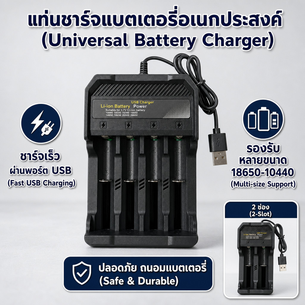 ที่ชาร์จถ่าน Li-ion Bettery เครื่องชาร์จถ่าน รางชาร์จ 3.7v 2/4 ช่อง ชาร์จไวตัดไฟเอง รองรับถ่าน 18650