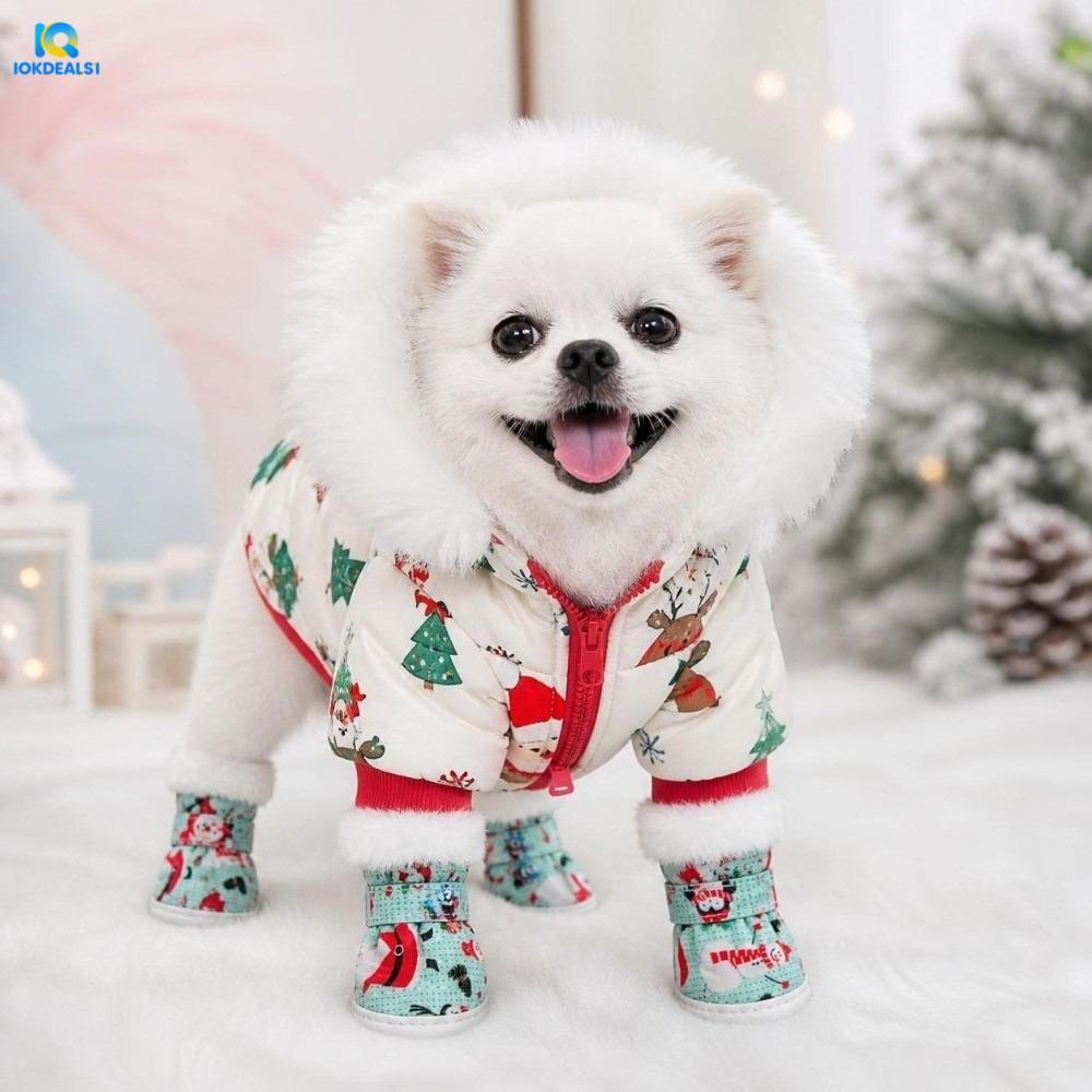 IOKDEALS1 4 ชิ้นฤดูหนาวรองเท้าสุนัข, Anti-slip Plush รองเท้าสัตว์เลี้ยง, แฟชั่นการ์ตูนคริสต์มาส Warm