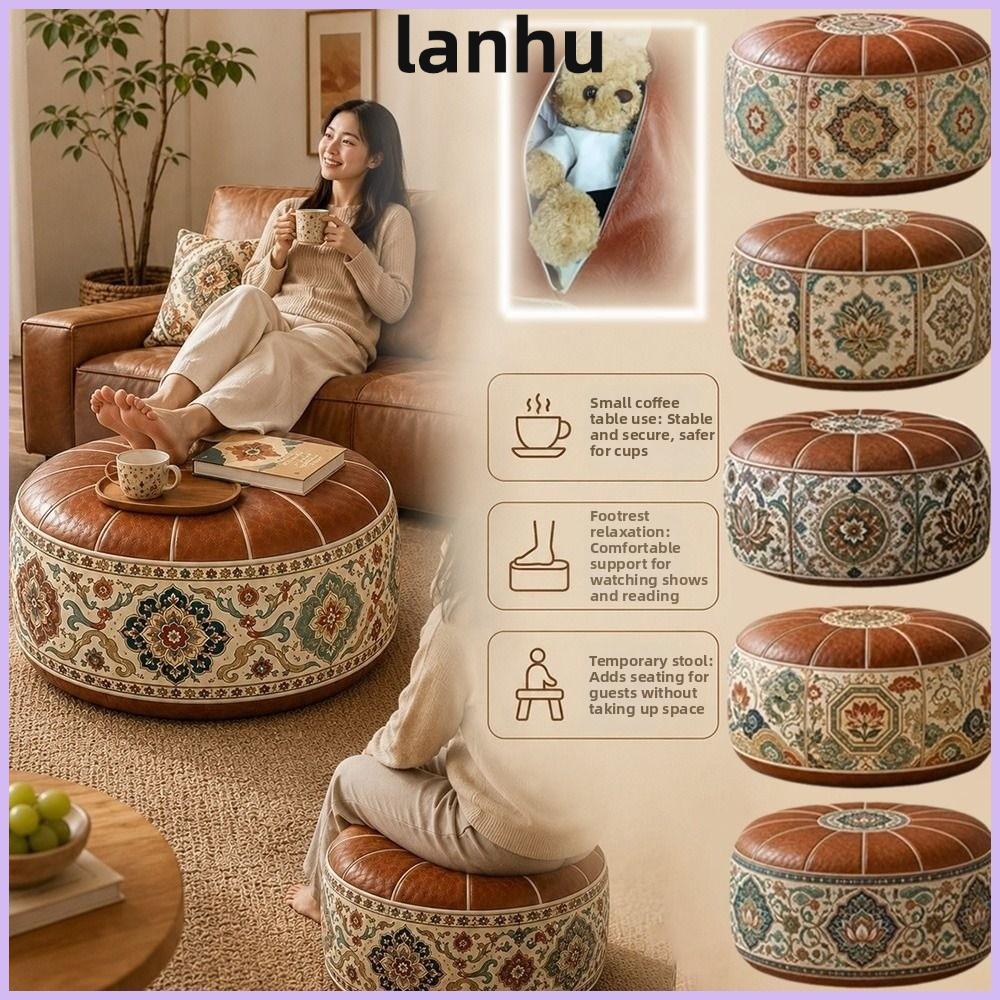 LANHU Ottoman Pouf, Boho Pattern Round Shape สตูลวางเท้า Cover, Fillable PU Leather Folding Storage 