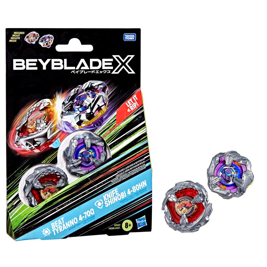 Beyblade X Beat Tyranno 4-70Q & Knife Shinobi 4-80HN Dual Pack Set, 2 Right-Spin Tops; Official Taka