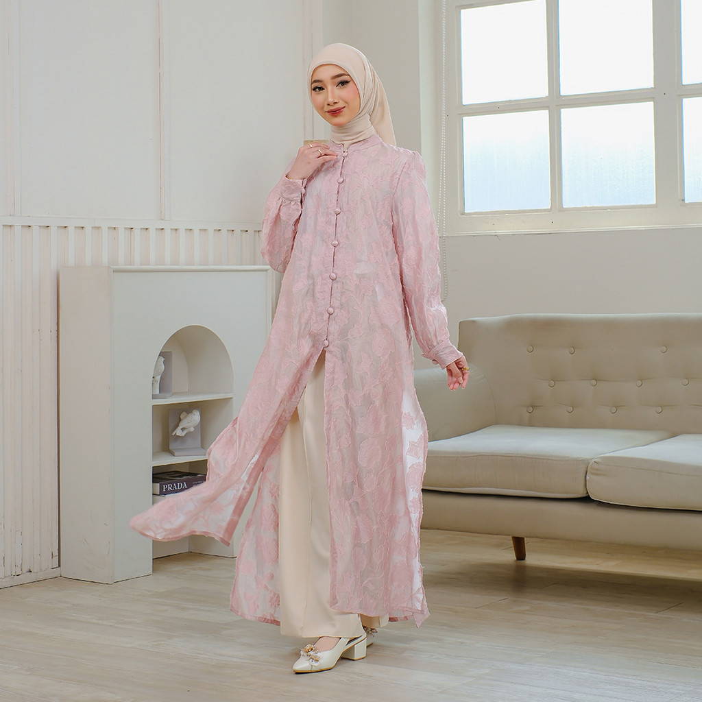 Kamisha Alika Outer Womens Jacquard Silk Long Outer Shanghai Collar Puffy Sleeve