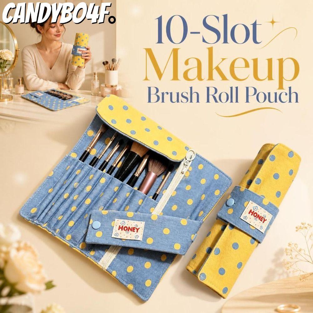 CANDYBO4F Makeup Brush Roll Pouch, Roll-Up 10-Slot Cosmetic Brush Organizer, Portable Folding Fabric