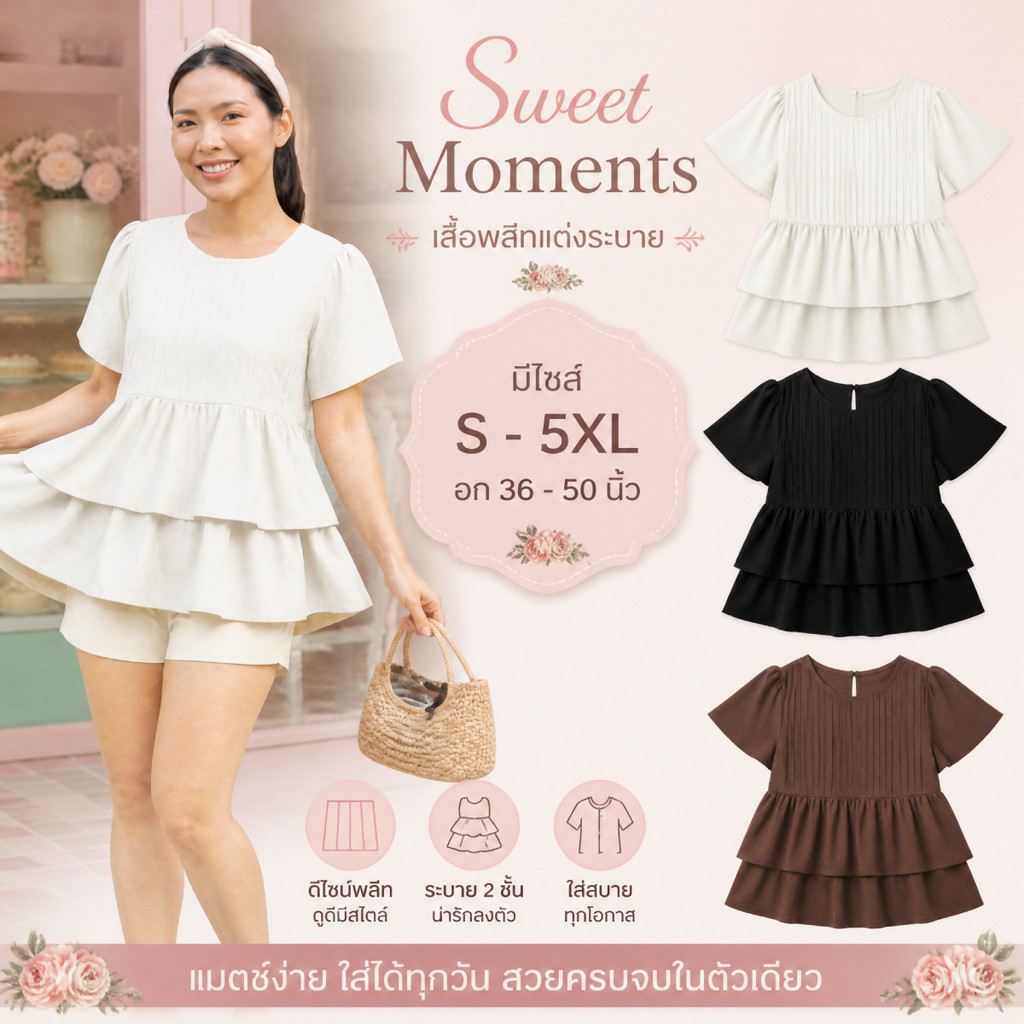 เสื้อระบาย 2 ชั้น อัดพลีทช่วงอก ทรงเบบี้ดอล มีไซส์ S-5XL ผ้าไหมอิตาลี ใส่แมทช์ง่าย สไตล์ลูกคุณหนู