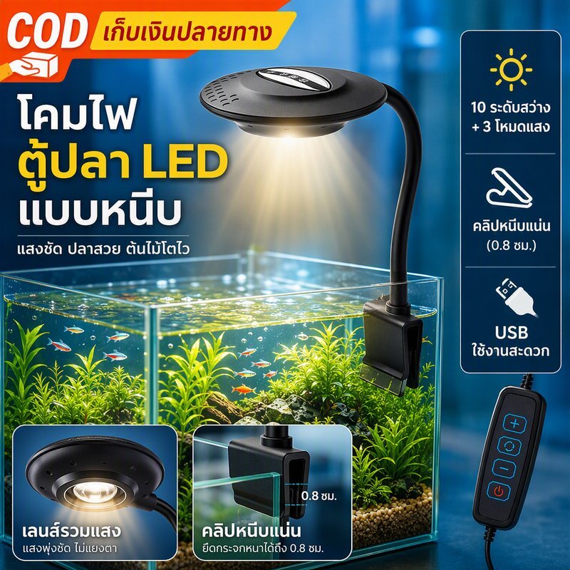COD โคมไฟตู้ปลา LED แบบหนีบ USB 5W ปรับสว่าง10ระดับ 3โหมด คออ่อนหมุน360° โคมไฟไม้น้ำ สำหรับตู้ปลาตู้กุ้ง