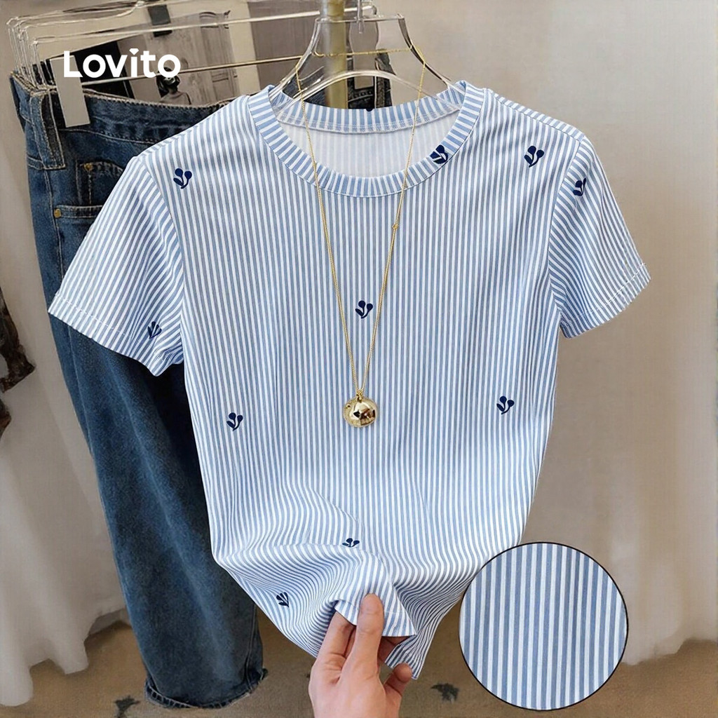 (New Arrival) Lovito เสื้อเบลาส์ลําลองสีฟ้าสําหรับสุภาพสตรีในฤดูใบไม้ผลิ/ฤดูร้อน L196LD488
