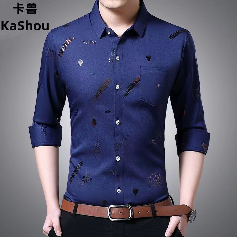 [คลังสินค้าพร้อม] KASHOU/Kamon เสื้อเชิ้ตแขนยาวสไตล์ใหม่คอเหลี่ยมลําลองผ้าไหมน้ําแข็งสีการพิมพ์สีทอง