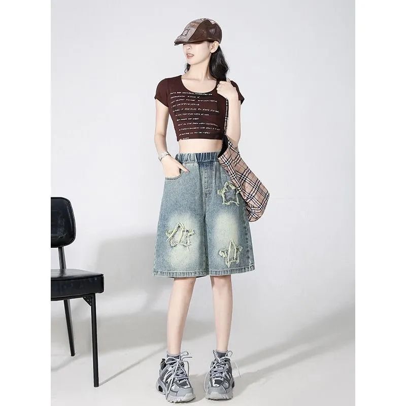 YHMFZ825 ฤดูร้อนสไตล์ใหม่ขนาดใหญ่ปัก Star Denim กางเกงขาสั้น Slimmer ดู All-Match Cropped กางเกง
