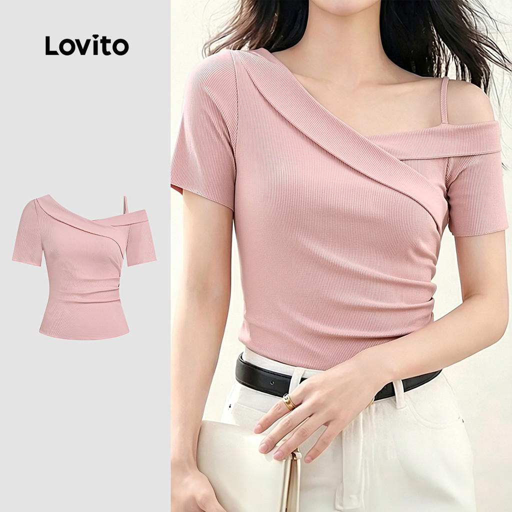 Lovito เสื้อยืดลําลองสีชมพูแบบพันตัวไม่เท่ากัน สําหรับผู้หญิง LK7ED089