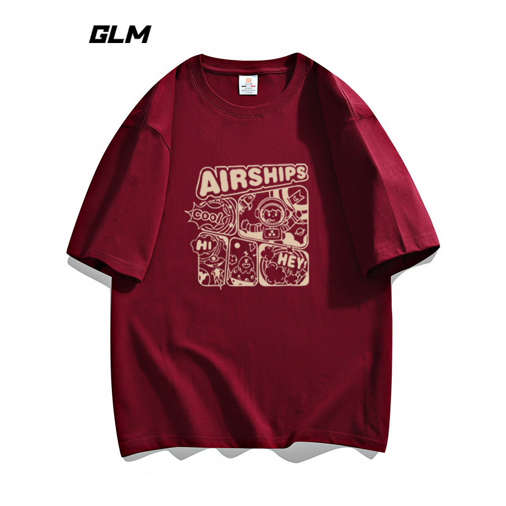 GLM อย่างเป็นทางการแท้ไวน์แดงแขนสั้นผู้ชาย Childlike Contrast สีเสื้อยืด 2026 วัยรุ่นผ้าฝ้ายแท้รอบคอ