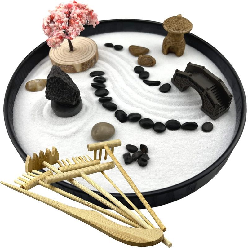 Zen Garden สําหรับโต๊ะญี่ปุ่น Zen Garden ชุด 8 นิ้วขนาดใหญ่รอบ 6 ทราย Rake และอุปกรณ์เสริมถาด Mini D